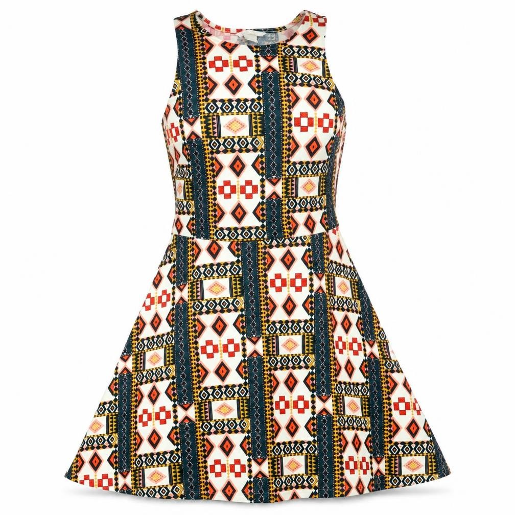 H&M Womens Orange Geometric Polyester Fit & Flare  Size M  Round Neck