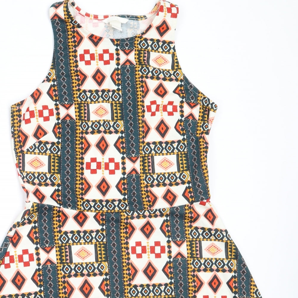 H&M Womens Orange Geometric Polyester Fit & Flare  Size M  Round Neck