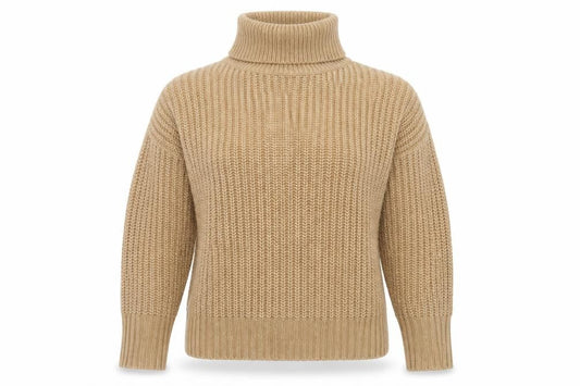 Front view of 157 women’s beige roll neck acrylic jumper, size M