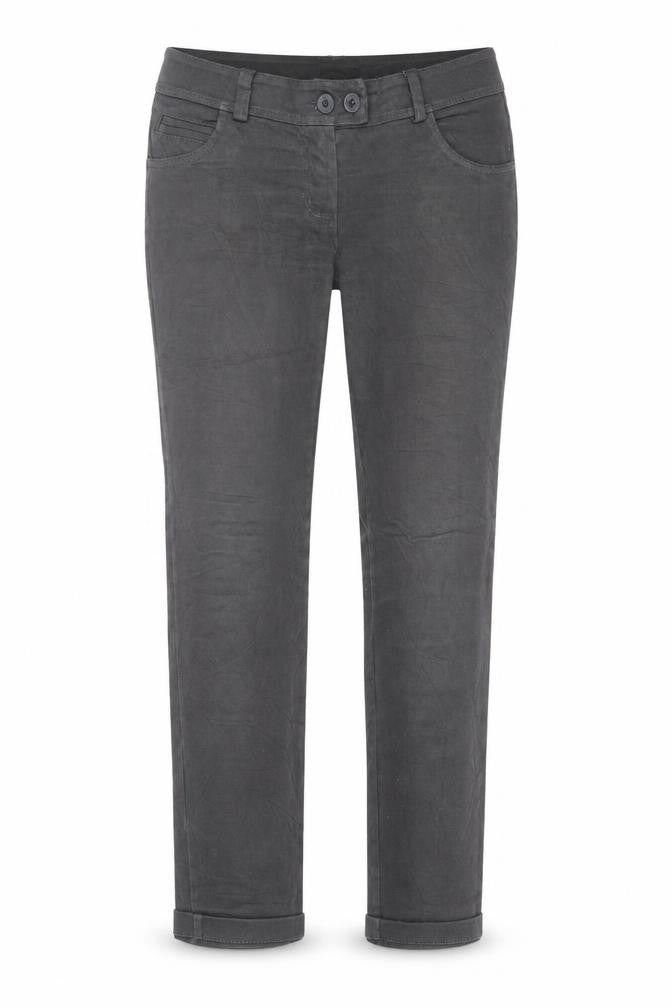 Front view of Preworn women’s grey cotton trousers, size M, 28-inch leg regular