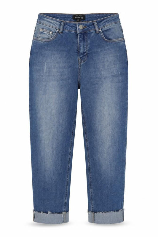 Front view of Select women’s blue cotton cropped jeans, size UK 10, 24-inch leg regular button