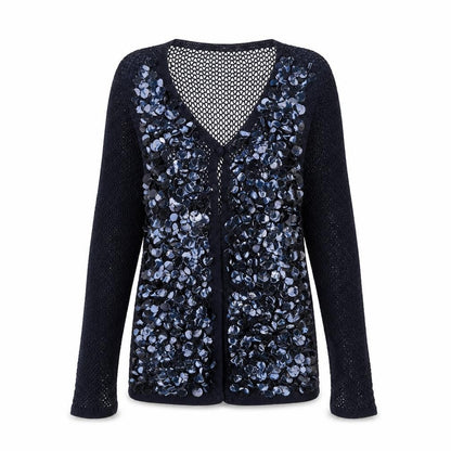 Front view of Roman women’s blue v-neck viscose cardigan jumper, size S