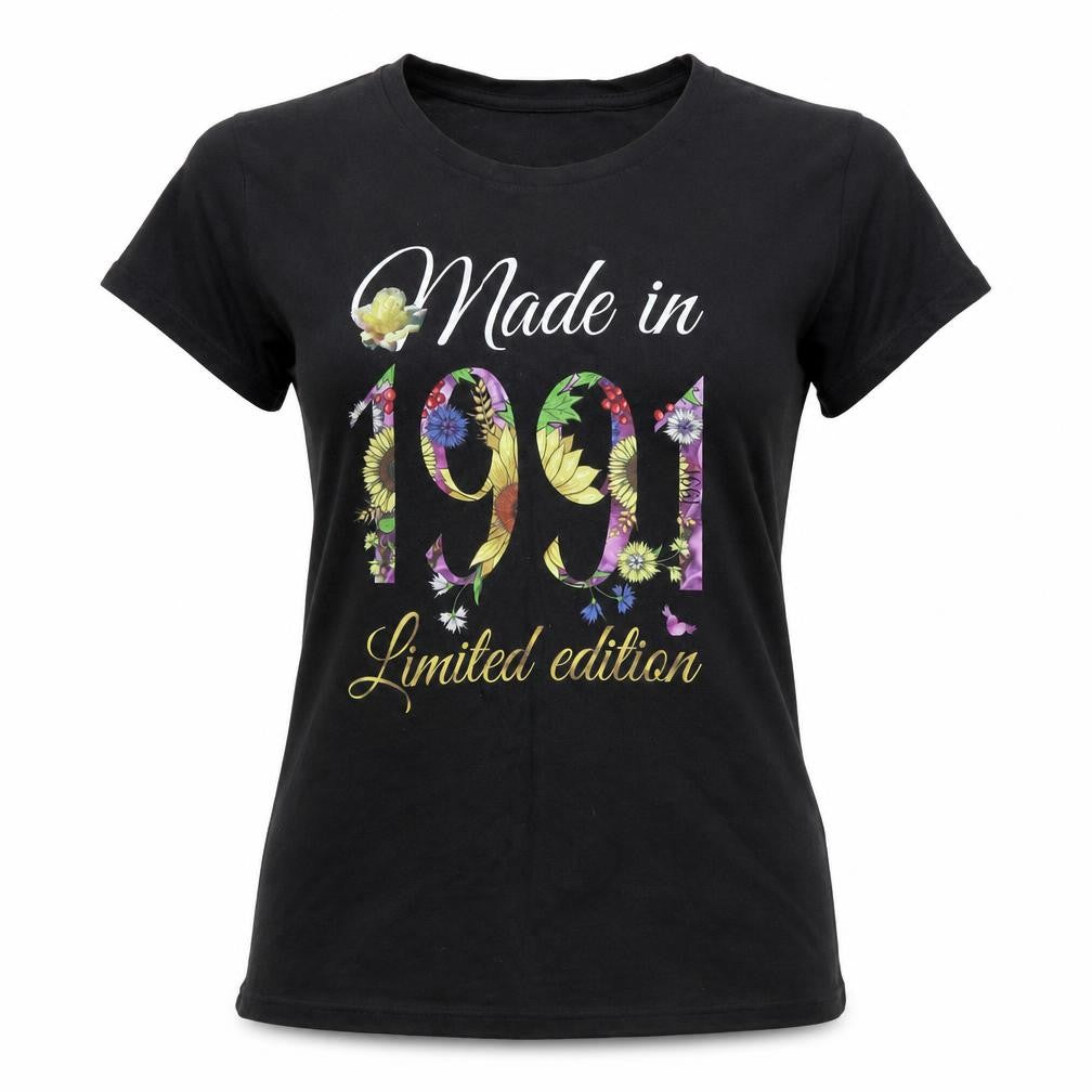 Front view of Port & Company women’s black cotton basic t-shirt, size M, crew neck - made in 1991