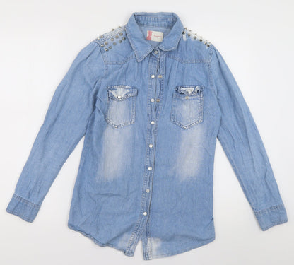 jovonista Womens Blue  Cotton Basic Button-Up Size 8 Collared