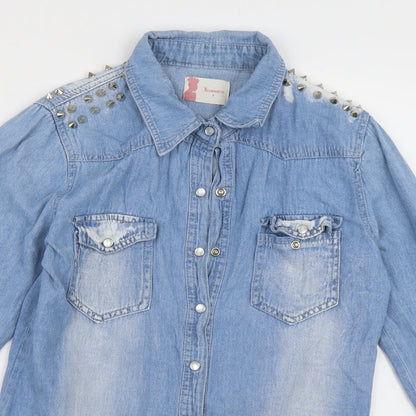 jovonista Womens Blue  Cotton Basic Button-Up Size 8 Collared