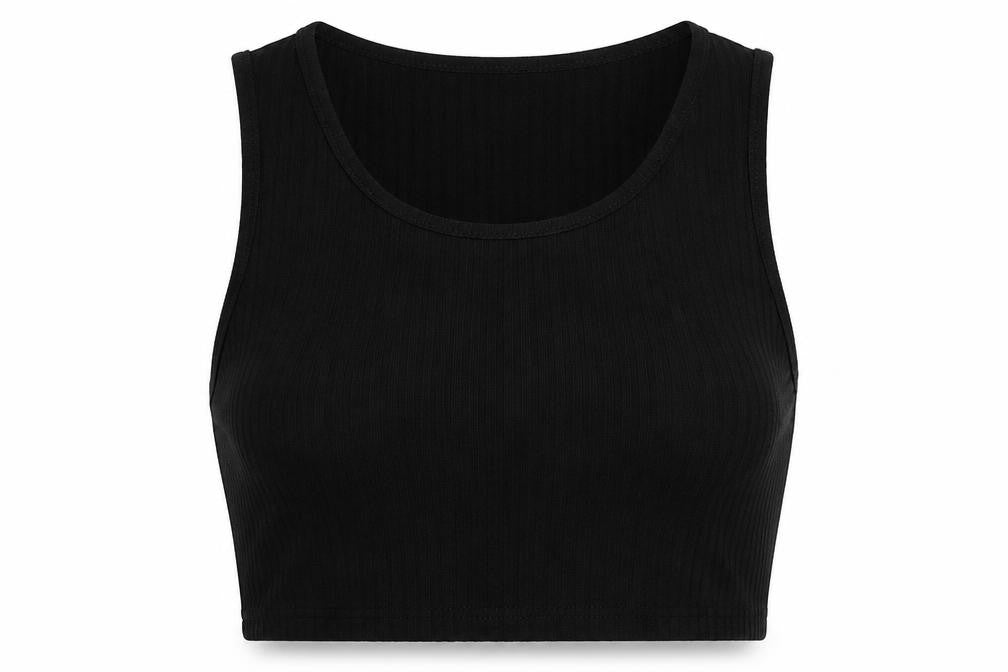 Front view of I SAW IT FIRST women’s black polyester cropped tank, size UK 8, scoop neck