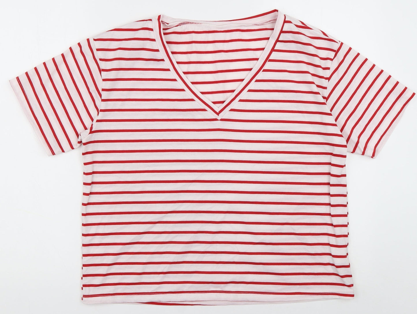 SheIn Womens Red Striped Cotton Basic T-Shirt Size M V-Neck