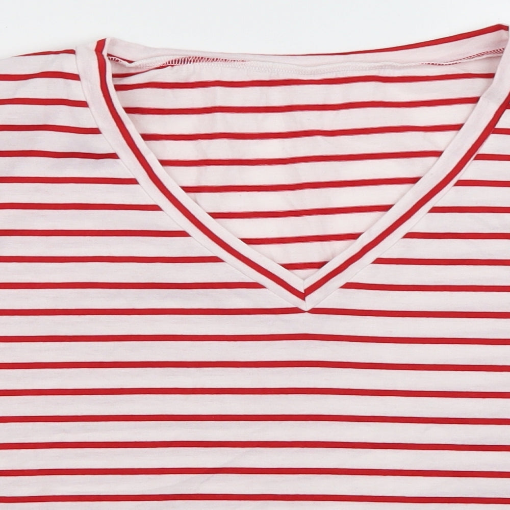 SheIn Womens Red Striped Cotton Basic T-Shirt Size M V-Neck