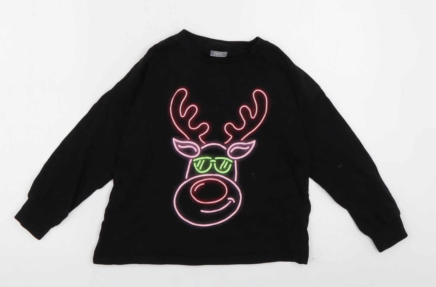 NEXT Girls Black  Cotton Basic Casual Size 7 Years Crew Neck Pullover - Reindeer