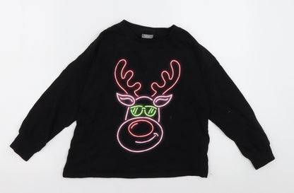 NEXT Girls Black  Cotton Basic Casual Size 7 Years Crew Neck Pullover - Reindeer