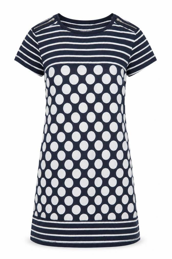 Front view of Next women’s blue polka dot viscose t-shirt dress, size UK 10, crew neck pullover