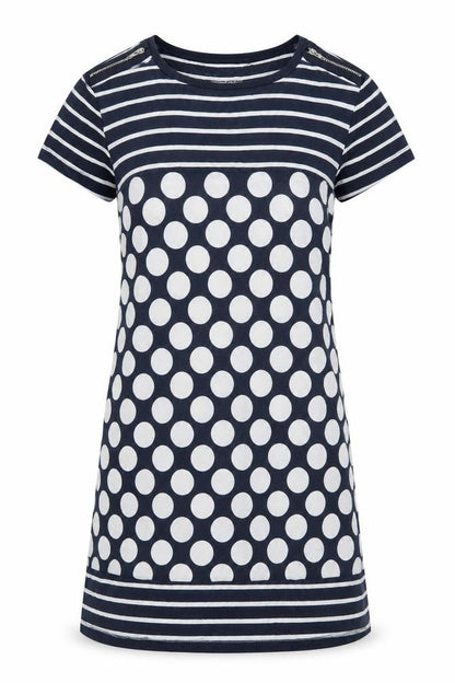 Front view of Next women’s blue polka dot viscose t-shirt dress, size UK 10, crew neck pullover