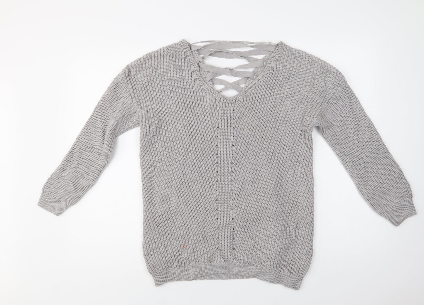 Primark Womens Grey V-Neck  Acrylic Pullover Jumper Size 8