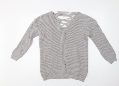 Primark Womens Grey V-Neck  Acrylic Pullover Jumper Size 8