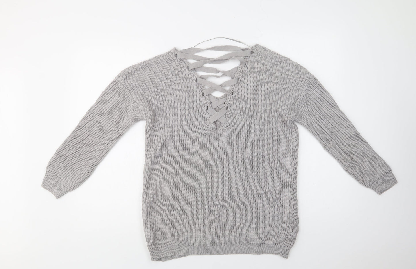 Primark Womens Grey V-Neck  Acrylic Pullover Jumper Size 8