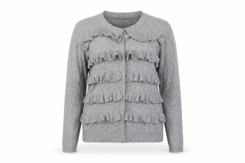 Front view of Marks & Spencer women’s grey round neck polyamide cardigan jumper, size UK 14