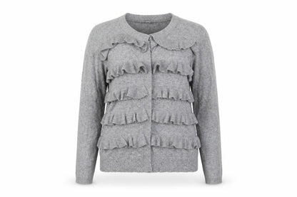 Front view of Marks & Spencer women’s grey round neck polyamide cardigan jumper, size UK 14