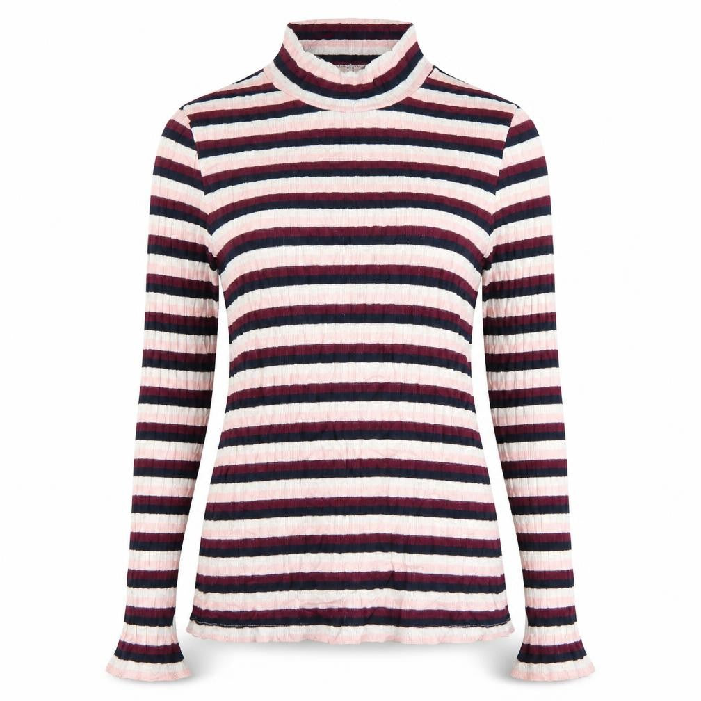 Front view of Maison de Nimes women’s multicoloured high neck striped viscose jumper, size UK 14