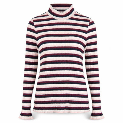 Front view of Maison de Nimes women’s multicoloured high neck striped viscose jumper, size UK 14