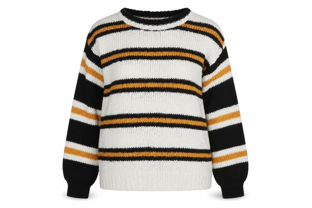 Front view of Atmosphere women’s ivory crew neck striped acrylic jumper, size UK 4