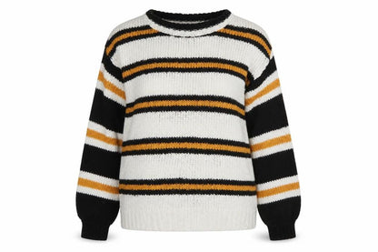 Front view of Atmosphere women’s ivory crew neck striped acrylic jumper, size UK 4