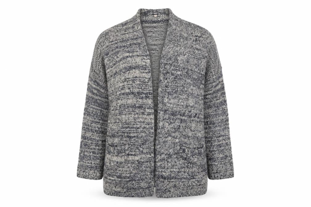 Front view of Preworn women’s blue v-neck wool cardigan jumper, size S