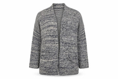 Front view of Preworn women’s blue v-neck wool cardigan jumper, size S