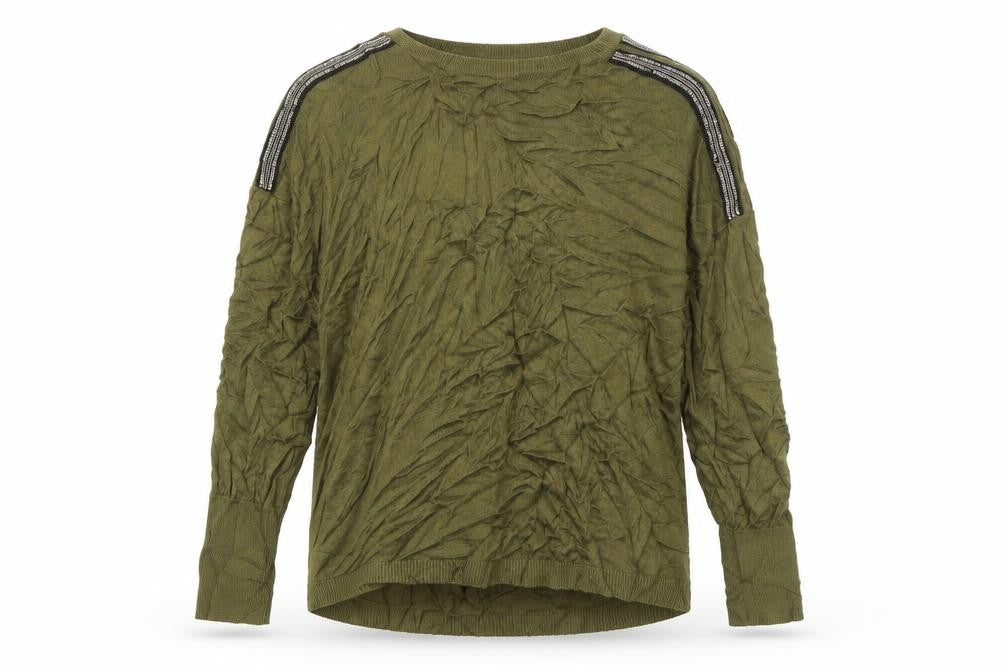 Front view of Oasis women’s green crew neck viscose jumper, size XS