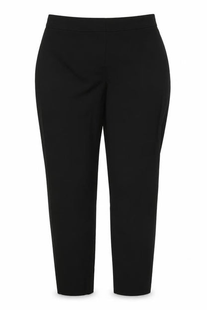Front view of F&F women’s black polyester trousers, size UK 12, 26-inch leg regular hook & eye