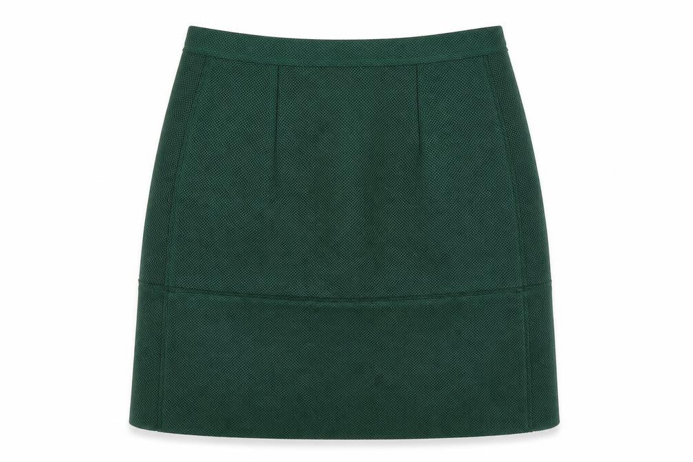 Front view of Sisley women’s green polyester a-line skirt, size UK 10, zip