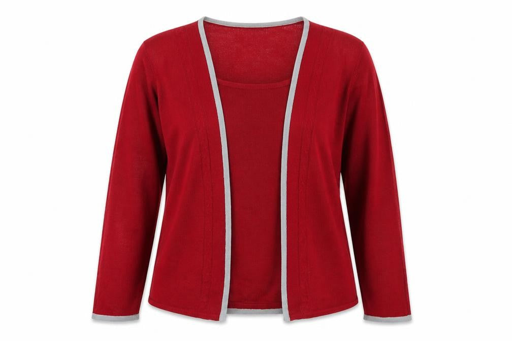 Front view of Anna Rose women’s red round neck acrylic jumper, size XL, - cardigan and top all in one