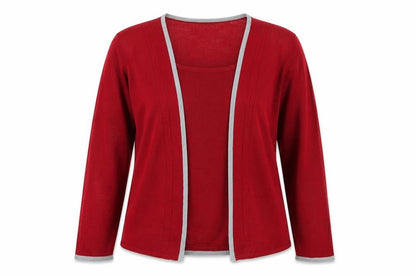 Front view of Anna Rose women’s red round neck acrylic jumper, size XL, - cardigan and top all in one