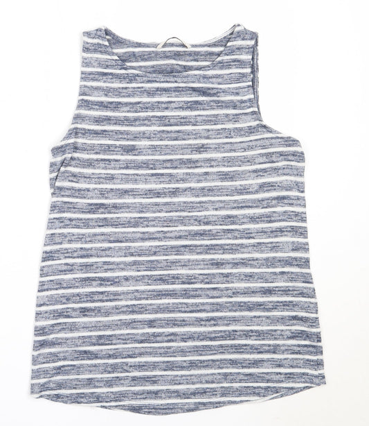 TU Womens Blue Striped Polyester Basic Tank Size 8 Round Neck