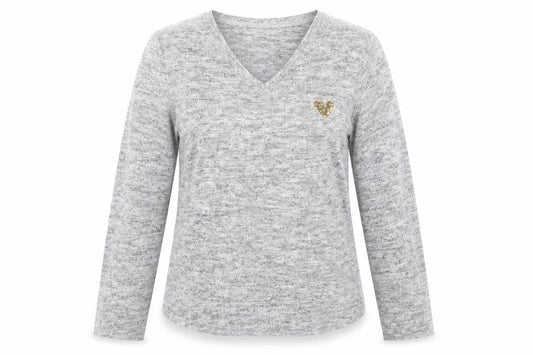Front view of Nocozo women’s grey v-neck polyester jumper, size UK 10