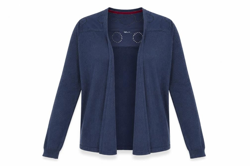 Front view of Debenhams women’s blue v-neck cotton cardigan jumper, size UK 10
