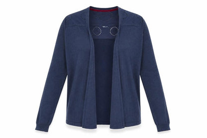 Front view of Debenhams women’s blue v-neck cotton cardigan jumper, size UK 10