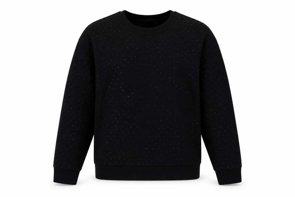 Front view of TU women’s black crew neck cotton jumper, size UK 10, - sparkle