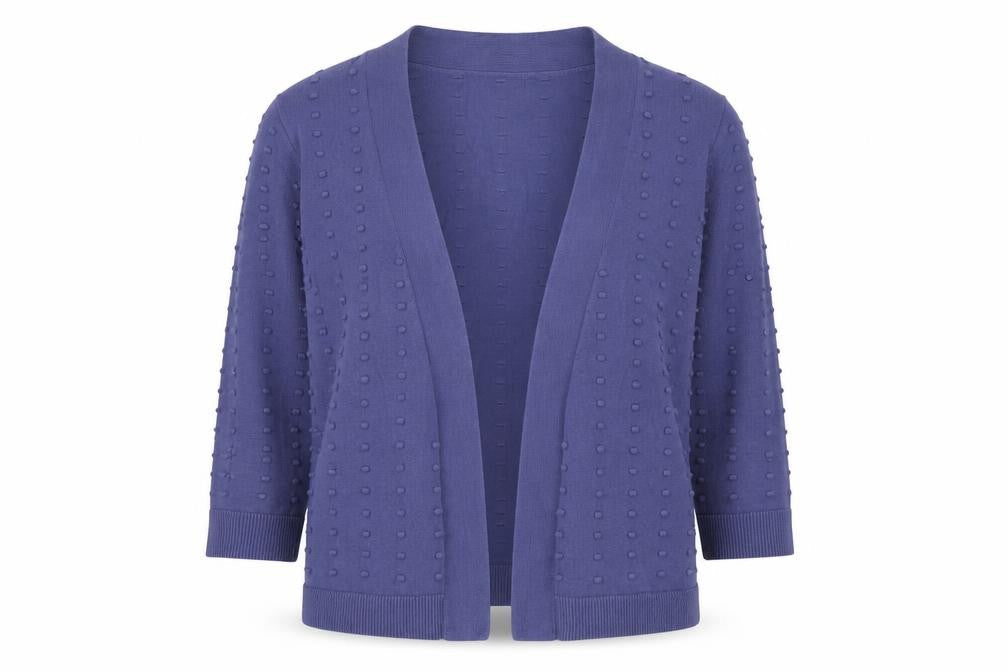 Front view of TU women’s purple v-neck polka dot cotton cardigan jumper, size UK 12