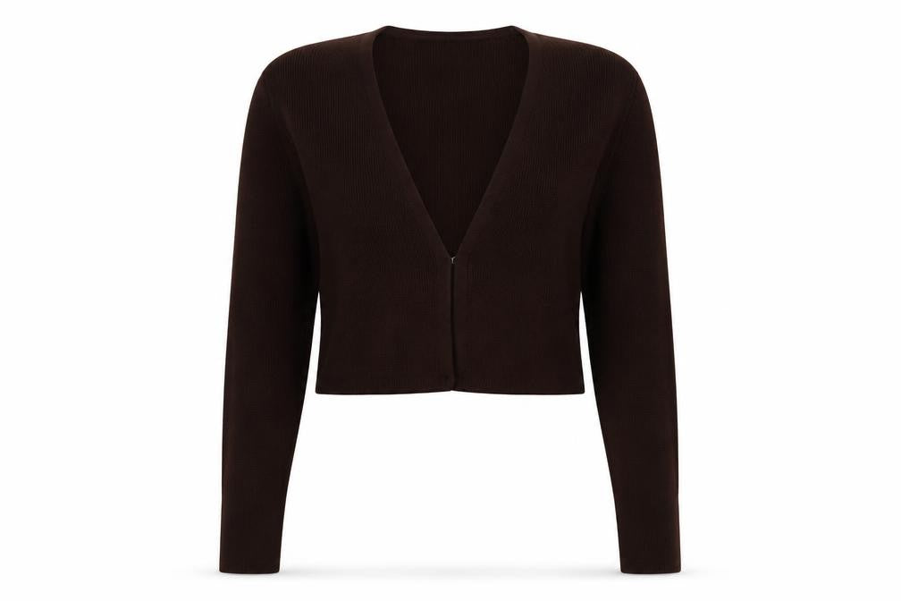 Front view of Topshop women’s brown v-neck acrylic cardigan jumper, size XL
