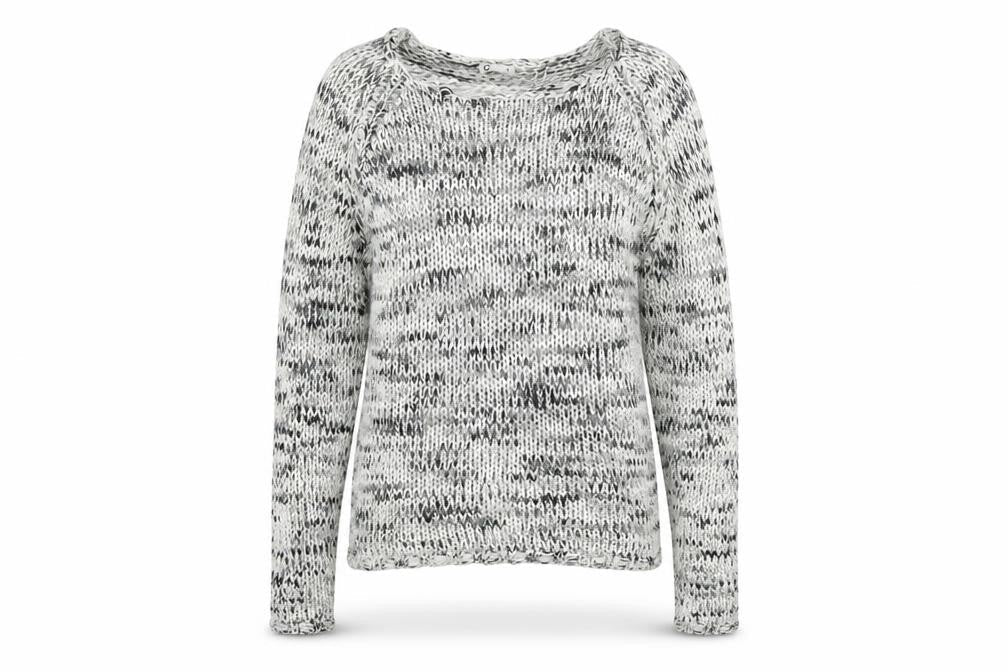 Front view of Cubus women’s grey round neck acrylic jumper, size M