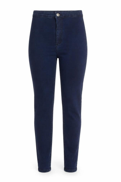 Front view of Topshop women’s blue cotton skinny jeans, size UK 26, 32-inch leg regular button