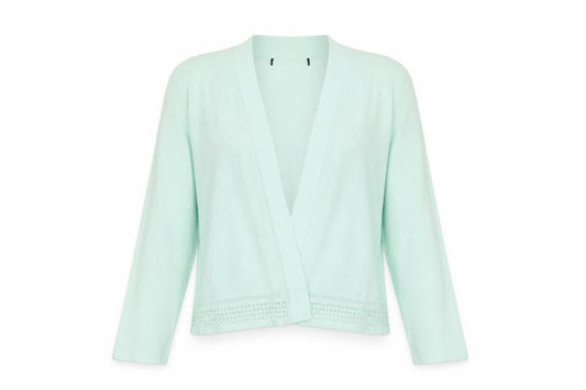 Front view of Marks & Spencer women’s green v-neck viscose cardigan jumper, size UK 14