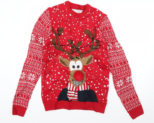 F&F Mens Red Round Neck  Acrylic Pullover Jumper Size XS   - Rudolph