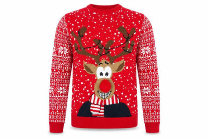 Front view of F&F men’s red round neck acrylic jumper, size XS, - rudolph