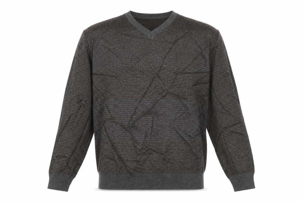 Front view of Marks & Spencer men’s grey crew neck polka dot acrylic jumper, size L