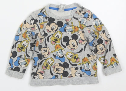 C&A Boys Grey  Cotton Basic T-Shirt Size 12 Months Crew Neck Pullover - Mickey Donald Goofy