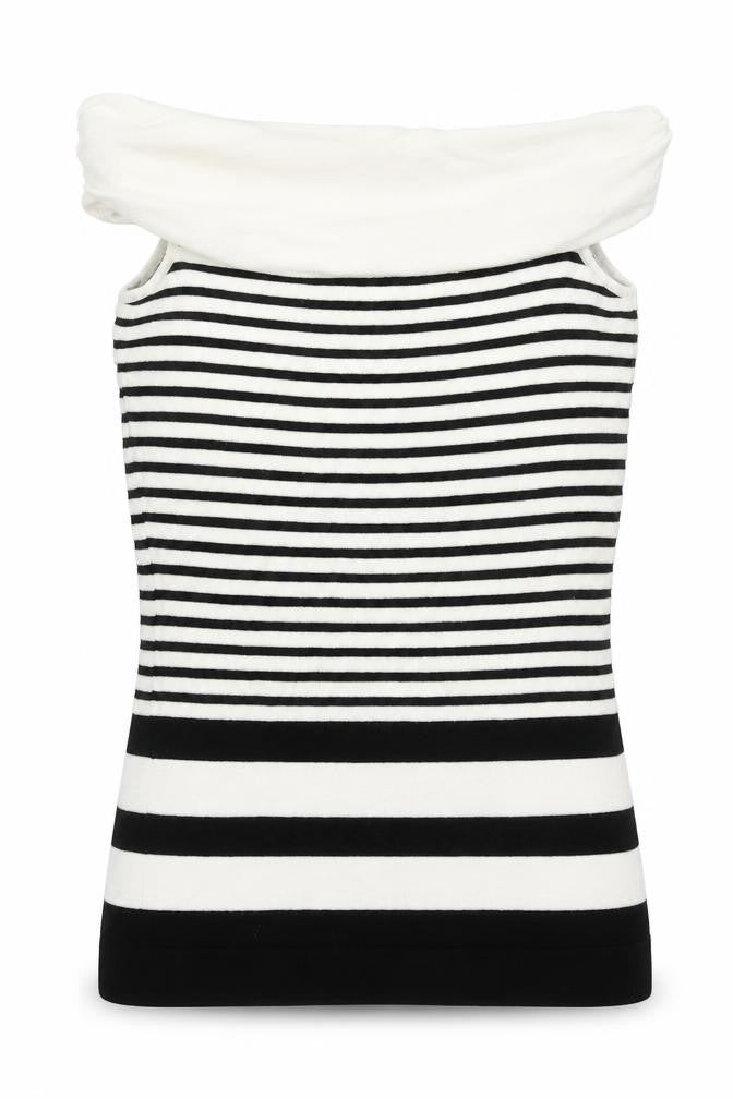 Front view of Coast women’s white roll neck striped viscose vest jumper, size UK 8, - black