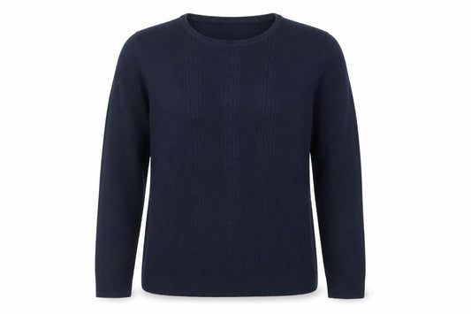 Front view of Pure & Natural women’s blue round neck acrylic jumper, size UK 14
