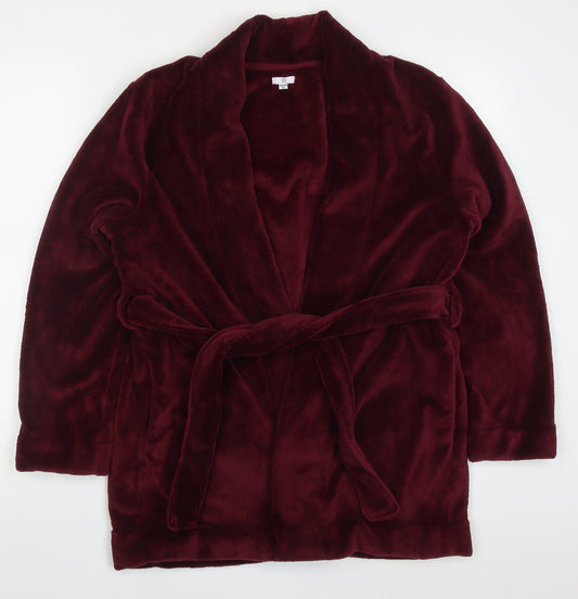 Front view of Preworn women’s red solid polyester kimono robe, size UK 10, tie