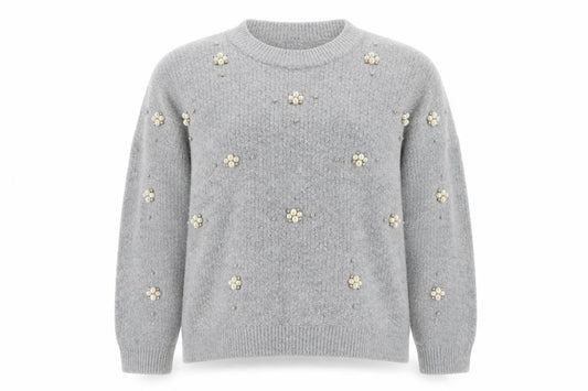 Front view of Peacocks women’s grey crew neck acrylic jumper, size M